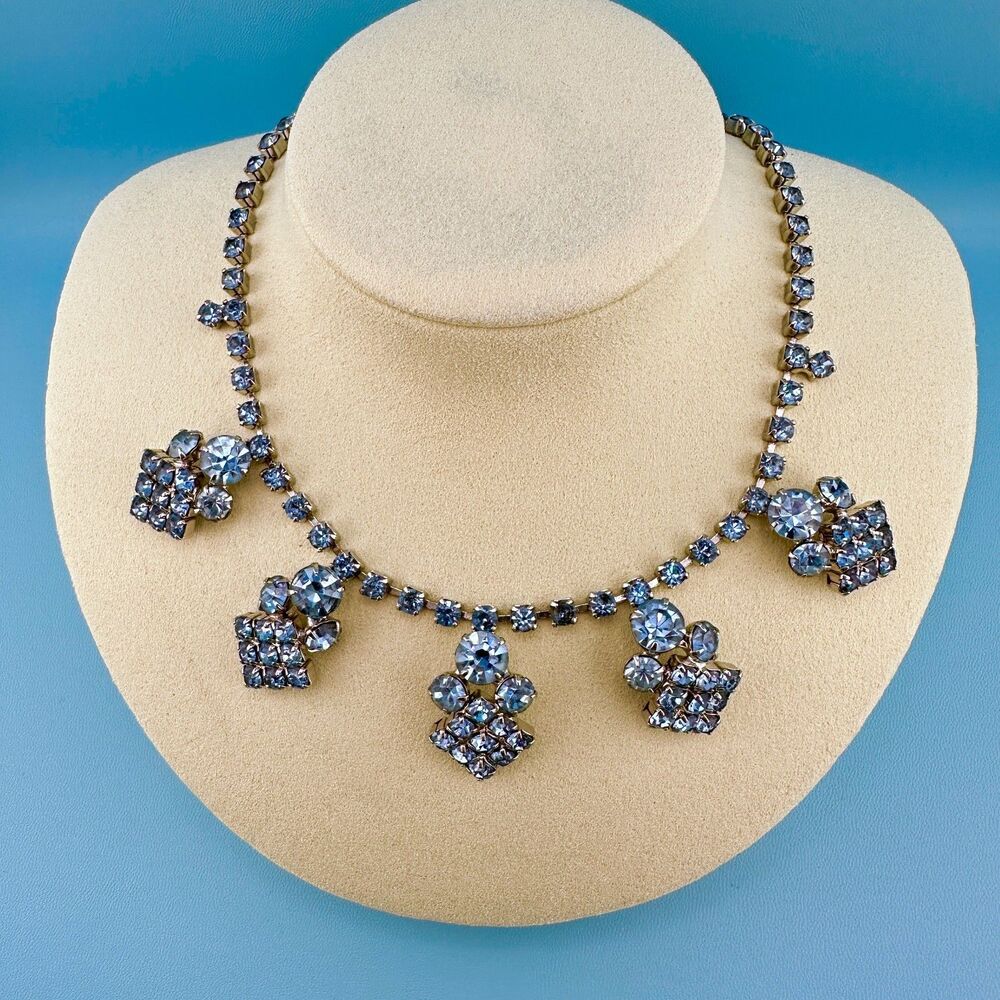 Vintage Blue Rhinestone Collar Necklace Prong Set Cup Chain Cluster Drops 14"